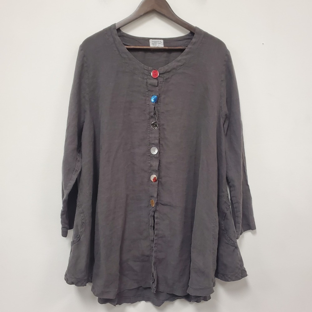 Completo Lino By Arthurio Linen Button Up Tunic Top Size L Gray Artsy Lagenlook